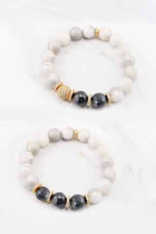 LYLA GOLD white lace agate/larvikite