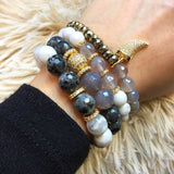 NORA GOLD white lace agate/larvikite